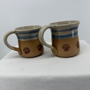 Handmade Ceramic Pottery Mugs Set of 2 Blue Stripe Sea‎ Shell Beach Coastal